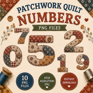 May include: A digital collection of patchwork quilt numbers featuring the text PATCHWORK QUILT NUMBERS PNG FILES. The numbers 0, 1, 2, 5, 7, and 9 are displayed in a quilted fabric texture with floral patterns, brown buttons, and stitching details.