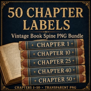 Chapter Labels PNG Bundle | 50 Vintage Book Spine Number Graphics | Reading Journal Clipart