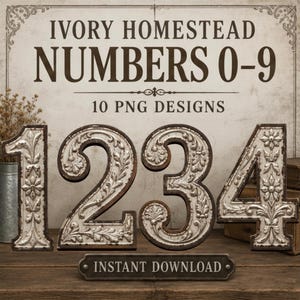 May include: A digital graphic featuring the text IVORY HOMESTEAD NUMBERS 0-9 10 PNG DESIGNS and INSTANT DOWNLOAD. The image displays the numbers 1, 2, 3, and 4 in a white, embossed, floral-patterned metal style with dark brown edges.