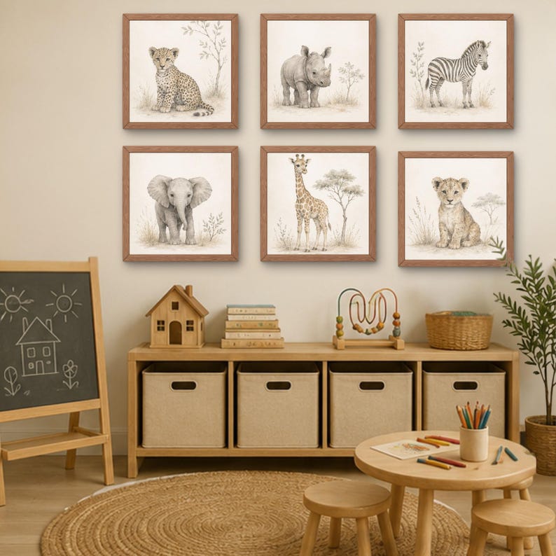 Neutral Safari Animal Prints Set of 6 | Baby Jungle Nursery Gallery ...