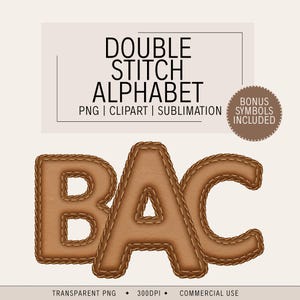 Könnte beinhalten: Digitalgrafik mit den Buchstaben "BAC" im genähten Lederstil. Die Buchstaben sind hellbraun mit dunkelbraunen Nähten. Der Text "DOUBLE STITCH ALPHABET" und "BONUS SYMBOLS INCLUDED" ist ebenfalls enthalten.