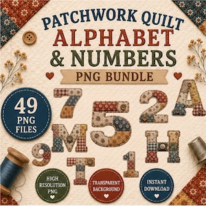 Paquete PNG de letras y números estilo patchwork / A-Z, 0-9 acolchados y coloridos para pancartas y sublimación