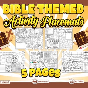 Bible Activity Placemats for Kids Printable, Christian Coloring & Puzzle Pages, Sunday School Activities