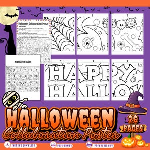 Puede incluir: Un conjunto de pósteres colaborativos de Halloween imprimibles con 26 páginas de arte lineal en blanco y negro para colorear. El set incluye una guía numerada, una hoja de instrucciones y secciones individuales con telarañas y texto.