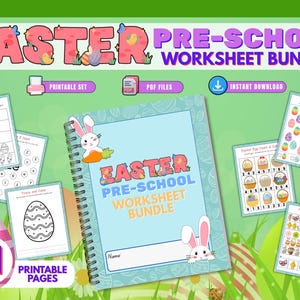 Può includere: Un pacchetto di schede di lavoro pasquali per la scuola materna con 31 pagine stampabili. La copertina presenta un quaderno blu a spirale con una grafica di coniglietto. Vari fogli di lavoro includono il tracciamento dei numeri, la colorazione e una caccia alle uova di Pasqua.