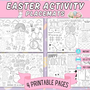 May include: Four printable Easter activity placemats with various games and coloring pages. The placemats feature Easter eggs, bunnies, and the text "Happy Easter". Includes tic-tac-toe, mazes, and word searches.