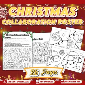 May include: A Christmas collaboration poster set featuring 26 pages of printable coloring sheets. The set includes an instruction page, a numbered guide, and individual sections with holiday illustrations like a tree, gifts, and characters.
