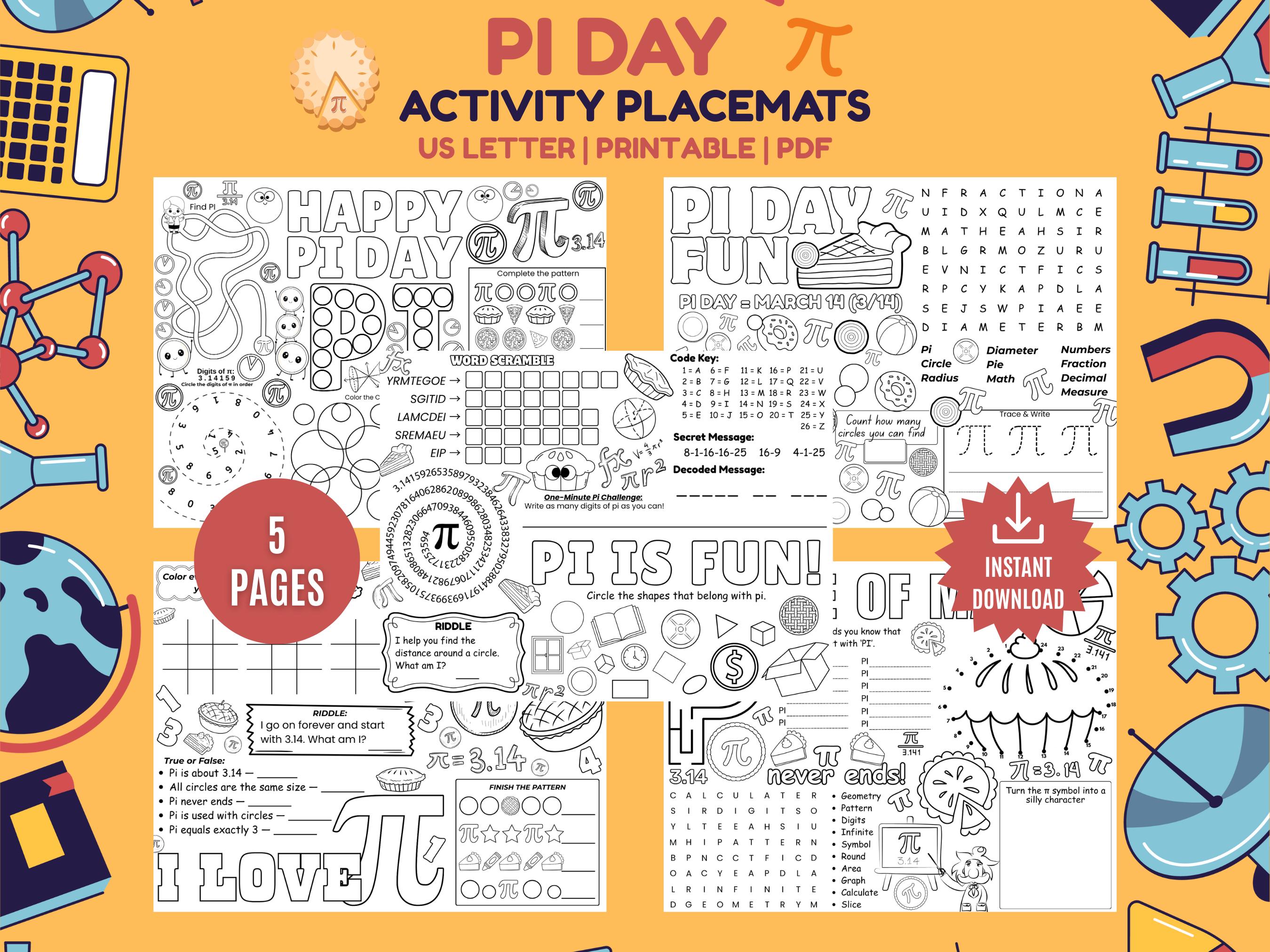Math Placemat Pi Day Activity Placemat Printables for Kids, Math Activity Sheets ...