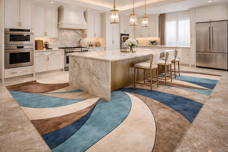 Modern Abstract Swirl Area Rug – Blue Beige Brown Contemporary Carpet image 10