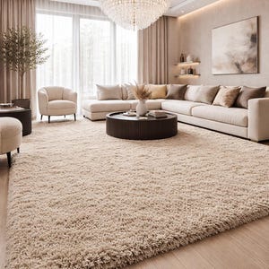 May include: A large, rectangular, beige shag area rug with a thick, high-pile texture covering a light-colored wooden floor. The rug features a uniform, dense, and soft-looking surface that extends across the foreground of the living space.
