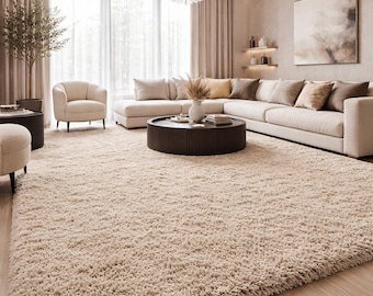 Tapis à poils longs beige de luxe, Moquette pelucheuse à poils longs, Tapis de sol doux et duveteux