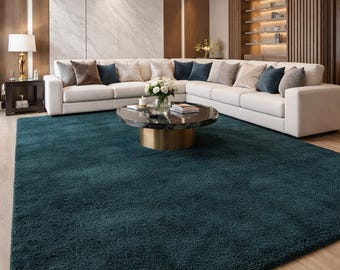 Tapis bleu sarcelle de luxe, tapis de salon moderne et moelleux, dimension personnalisée (CE 02)
