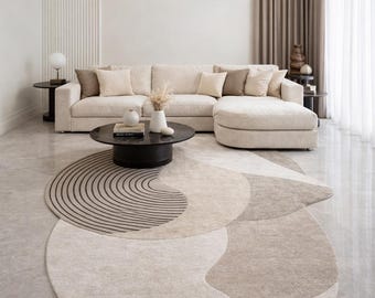 Tapis abstrait irrégulier, moquette sculpturale crème beige, décoration de sol minimaliste moderne
