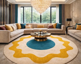 Tapis rond bleu sarcelle et moutarde - Tapis moderne abstrait ondulé