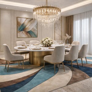 May include: Elegant dining room featuring a large, round table set for a meal, surrounded by eight upholstered chairs. A decorative rug with blue, brown, and cream colors is under the table. A chandelier hangs above the table.