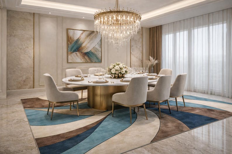 May include: Elegant dining room featuring a large, round table set for a meal, surrounded by eight upholstered chairs. A decorative rug with blue, brown, and cream colors is under the table. A chandelier hangs above the table.