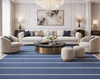 Tapis dhurrie tissé à la main en laine et coton à rayures bleues, tapis scandinave minimaliste