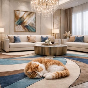 May include: A luxurious living room featuring a cream-colored sofa with blue and tan accent pillows, a round coffee table, and a patterned rug with blue, brown, and tan hues. A sleeping orange and white cat rests on the rug.