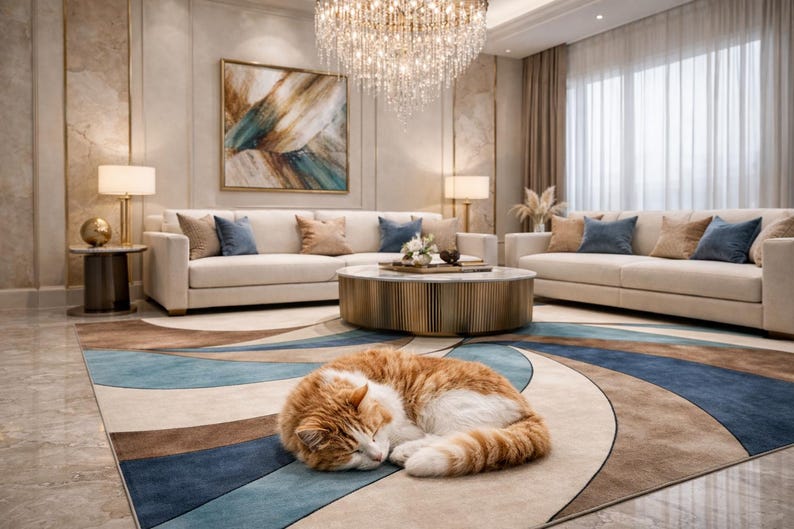 May include: A luxurious living room featuring a cream-colored sofa with blue and tan accent pillows, a round coffee table, and a patterned rug with blue, brown, and tan hues. A sleeping orange and white cat rests on the rug.