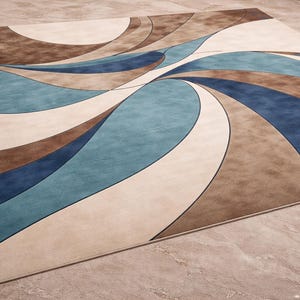 May include: A rectangular area rug with a modern design. The rug features curved patterns in shades of brown, blue, and cream. The rug's design creates a sense of movement and visual interest, suitable for a living room or bedroom.