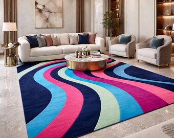Tapis vague abstraite - bleu sarcelle, violet et bleu, décoration de salon moderne