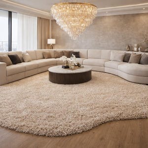 May include: A large, curved, off-white sectional sofa with multiple throw pillows in shades of beige and gray. A round coffee table with a dark base and a light stone top sits on a large, irregular, cream-colored shaggy area rug.