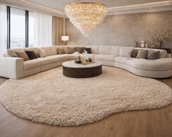 Tapis de luxe à poils longs, carpette crème irrégulière, tapis Japandi moderne pelucheux