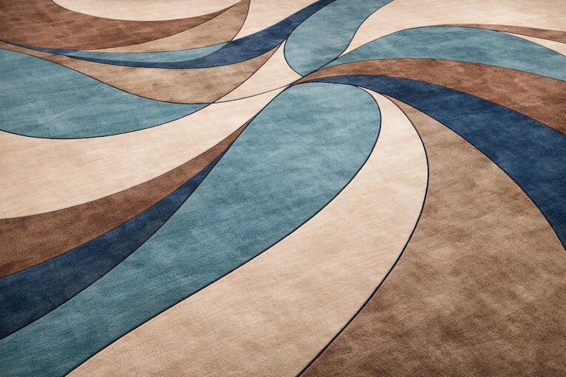 Modern Abstract Swirl Area Rug – Blue Beige Brown Contemporary Carpet image 3