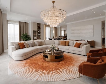 Tapis rond orange brûlé sunburst - Décoration de salon moderne, 8 x 8