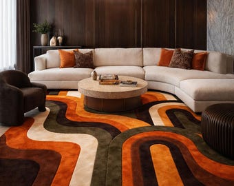 Retro Geometric Wool Rug – Mid Century Modern Earth Tone Floor Decor