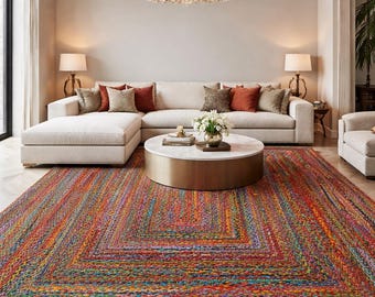 Tapis tissé à la main en coton recyclé, tapis bohème géométrique multicolore, décoration intérieure moderne et vibrante