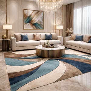 May include: A luxurious living room featuring a large area rug with a blue, brown, and beige abstract design. Two cream-colored sofas with blue and tan accent pillows face each other. A round coffee table and a chandelier complete the elegant space.
