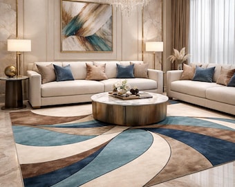 Tapis moderne abstrait tourbillons - Tapis contemporain bleu beige marron