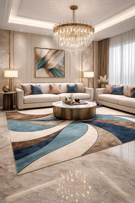 Modern Abstract Swirl Area Rug – Blue Beige Brown Contemporary Carpet