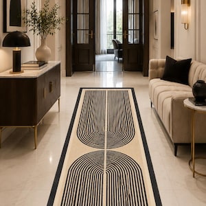 Modern Geometric Tufted Runner Rug, Black Cream Abstract Scandinavian Carpet