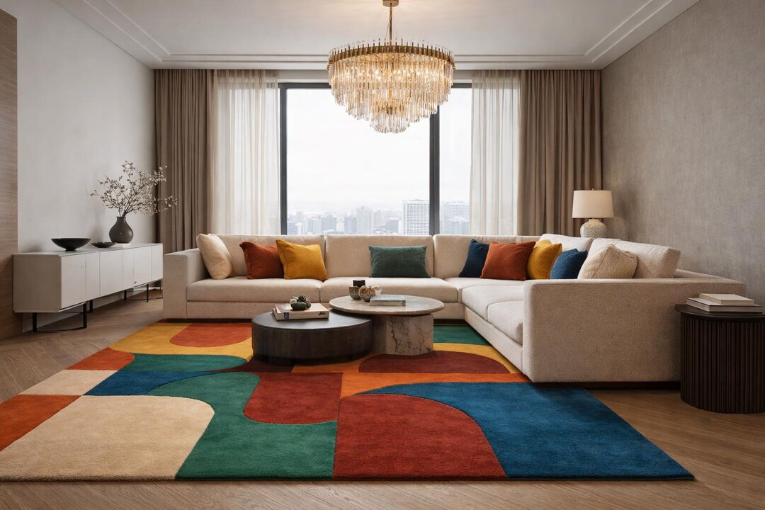 Colour Blocks Violet Rug Modern Abstract Geometric Color Block Rug, Jewel Tone Living Room ...