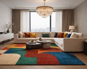 Tapis géométrique abstrait moderne color block, tapis de salon ton bijou