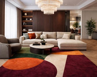 Geometric Color Block Area Rug, Modern Burgundy Orange Green Carpet