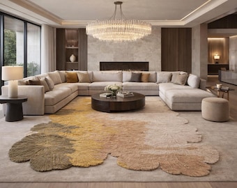 Tapis floral abstrait irrégulier, tapis de salon bio ton ocre