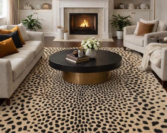 Tapis noir et beige tufté à la main, tapis à motif à pois organiques, tapis moderne et contemporain.