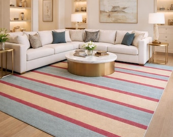 Tapis tissé main en laine et coton tissé à la main - Dhurrie à rayures, tapis bohème