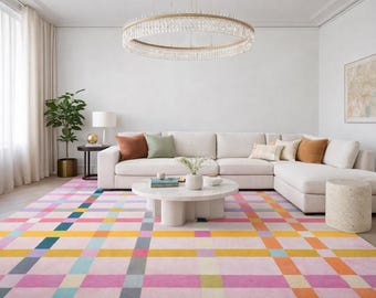 Carpette en laine tissée à la main à carreaux, design géométrique scandinave pastel