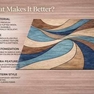 May include: A rectangular area rug with a contemporary abstract design. The rug features flowing, curved patterns in shades of blue, brown, and beige. The text "What Makes It Better?" is at the top, with details about the material, pile, customization, extra features, and pattern style.