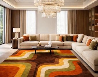 Mid-Century Modern Area Rug – Geometric Orange, Green & Brown Carpet