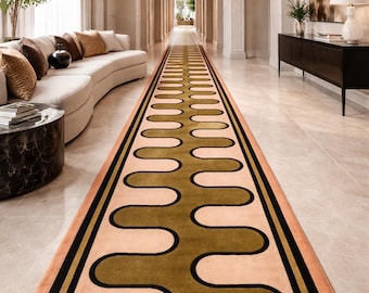 Tapis de couloir abstrait vague, tapis de couloir vert olive pêche
