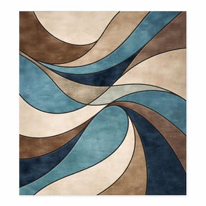 May include: Area rug with a flowing, abstract design. The rug features curved lines in shades of brown, beige, and blue, creating a wave-like pattern. The rug's design is outlined with thin black lines.