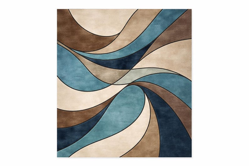 May include: Area rug with a flowing, abstract design. The rug features curved lines in shades of brown, beige, and blue, creating a wave-like pattern. The rug's design is outlined with thin black lines.