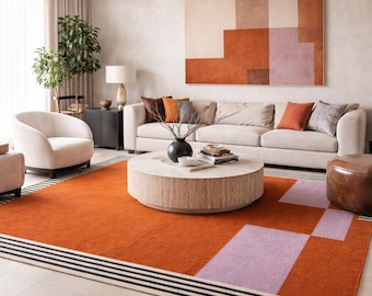 Carpette géométrique tissée à la main, moquette rose orange brûlé moderne, décoration de salon abstraite