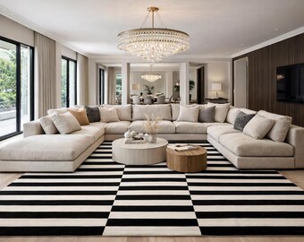 Tapis tissé main en laine et coton à rayures noires et blanches, tapis moderne minimaliste à tissage plat