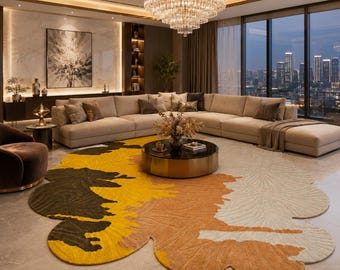 Tapis en laine floral abstrait fait main, Moquette capitonnée de forme irrégulière, Jaune chaud Beige Marron Ivoire